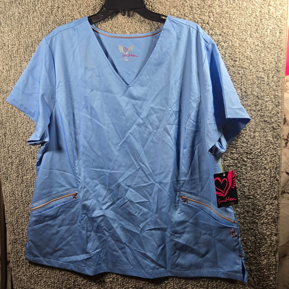 Smitten Scrub Top Blue V-Neck Zipper Pocket Contemporary Fit Women XXL